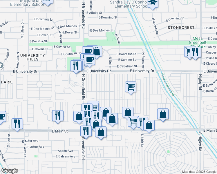 map of restaurants, bars, coffee shops, grocery stores, and more near North Mesa Regal Recreation Veh Park in Mesa