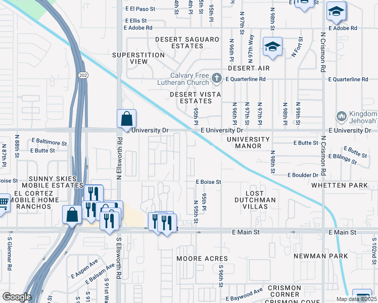 map of restaurants, bars, coffee shops, grocery stores, and more near 9427 Mobile Home Park in Mesa