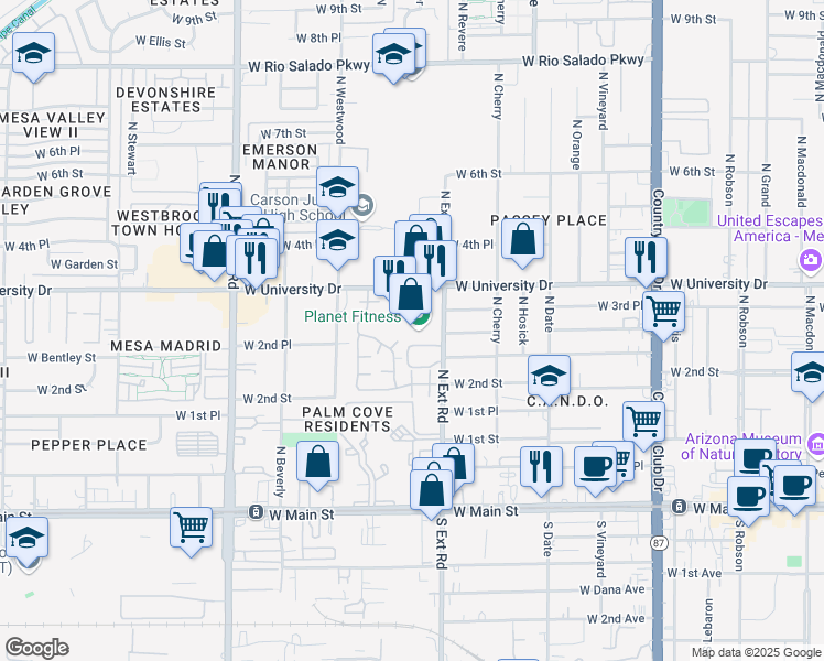 map of restaurants, bars, coffee shops, grocery stores, and more near 855 West University Drive in Mesa