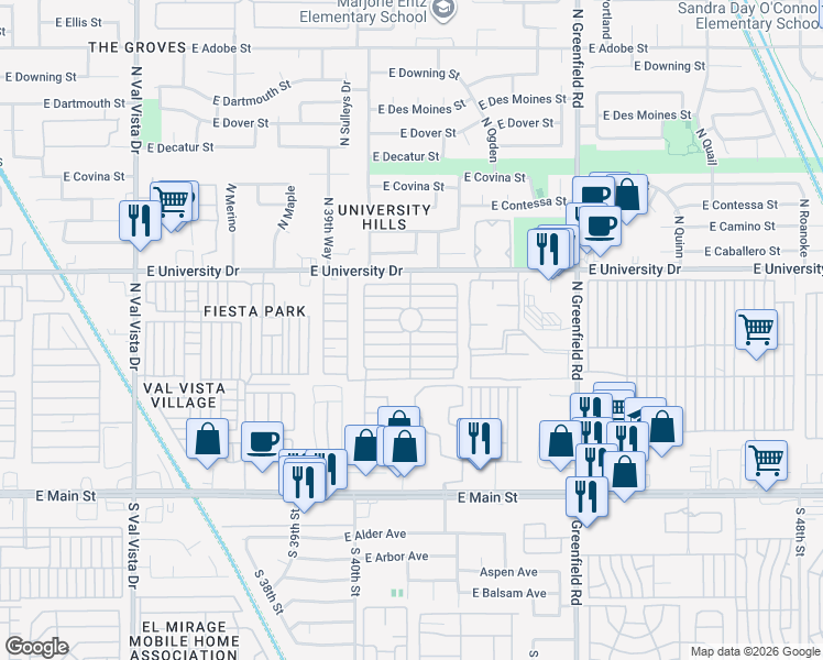 map of restaurants, bars, coffee shops, grocery stores, and more near 4065 East University Drive in Mesa