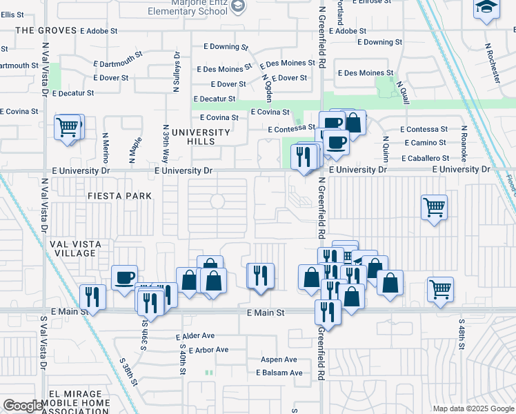 map of restaurants, bars, coffee shops, grocery stores, and more near 4225 East University Drive in Mesa
