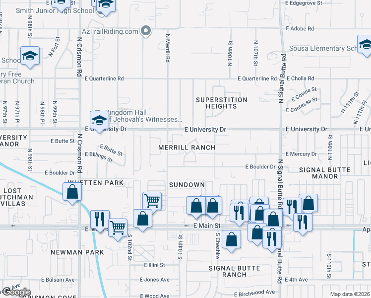 map of restaurants, bars, coffee shops, grocery stores, and more near 10438 East Butte Street in Apache Junction
