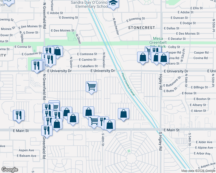 map of restaurants, bars, coffee shops, grocery stores, and more near Mobile Home Park in Mesa