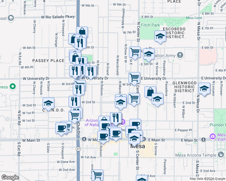 map of restaurants, bars, coffee shops, grocery stores, and more near 248 North Macdonald in Mesa