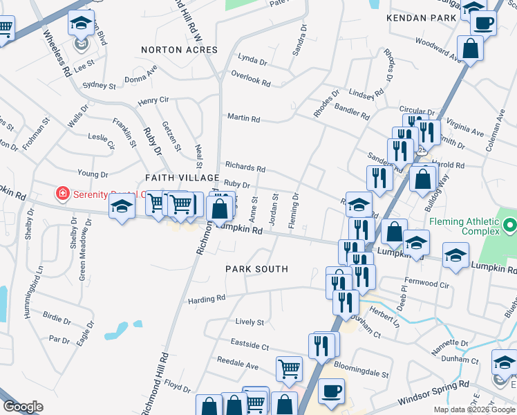 map of restaurants, bars, coffee shops, grocery stores, and more near 2804 Anne Street in Augusta