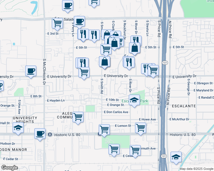 map of restaurants, bars, coffee shops, grocery stores, and more near 2007 East University Drive in Tempe