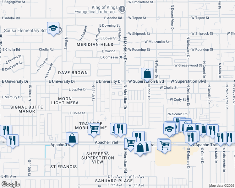 map of restaurants, bars, coffee shops, grocery stores, and more near 302 North Meridian Drive in Apache Junction