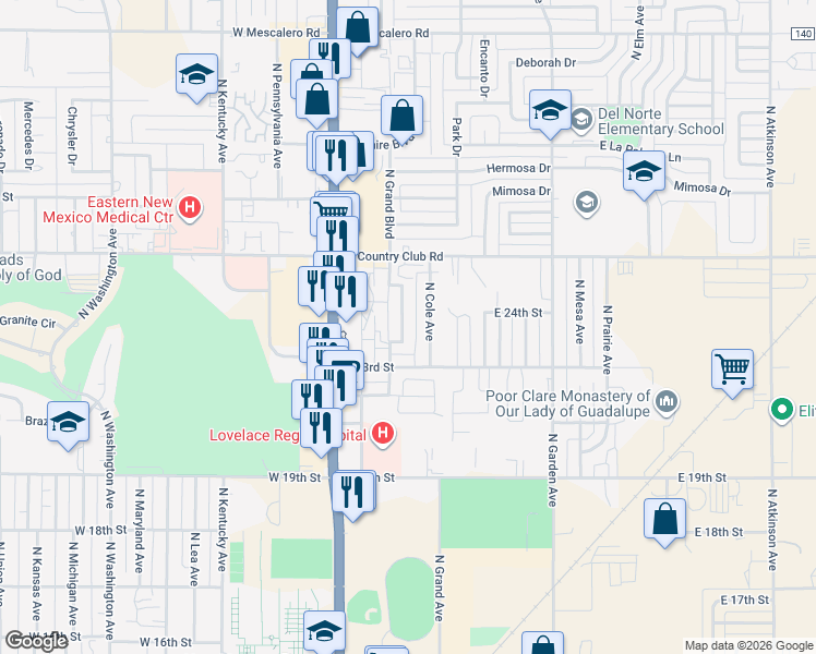 map of restaurants, bars, coffee shops, grocery stores, and more near 2309 North Grand Avenue in Roswell