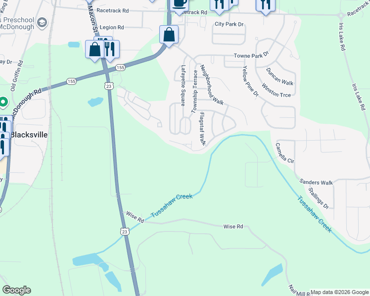 map of restaurants, bars, coffee shops, grocery stores, and more near 6011 Creekerton Boulevard in McDonough