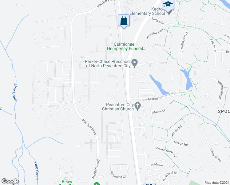 map of restaurants, bars, coffee shops, grocery stores, and more near 50 Joel Cowan Parkway in Peachtree City