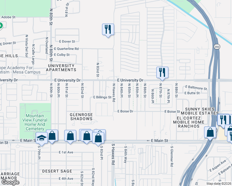 map of restaurants, bars, coffee shops, grocery stores, and more near 327 North 84th Place in Mesa