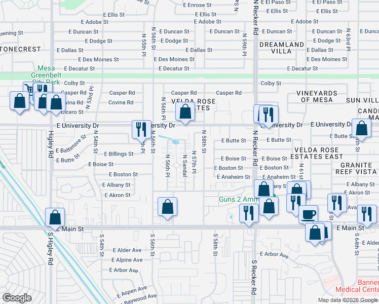map of restaurants, bars, coffee shops, grocery stores, and more near 318 North Sandal in Mesa