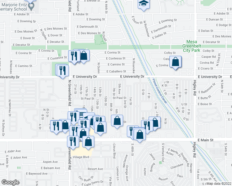map of restaurants, bars, coffee shops, grocery stores, and more near 8th Street in Mesa