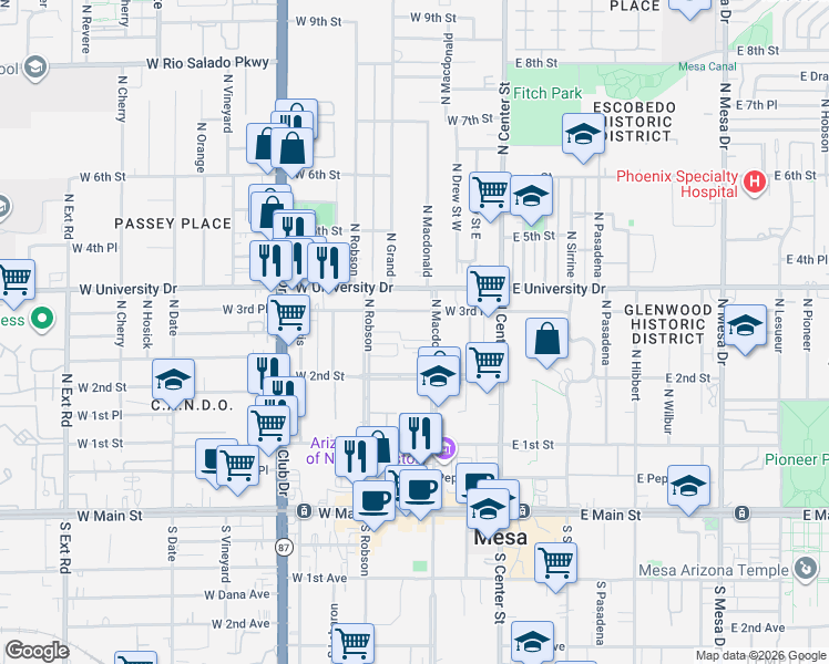 map of restaurants, bars, coffee shops, grocery stores, and more near 143 West 3rd Place in Mesa