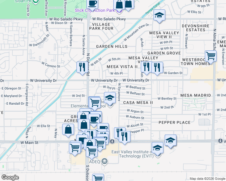 map of restaurants, bars, coffee shops, grocery stores, and more near 1852 West 3rd Place in Mesa
