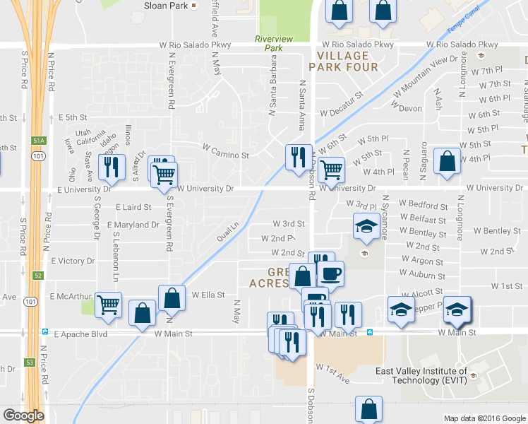 map of restaurants, bars, coffee shops, grocery stores, and more near 2111 West University Drive in Mesa