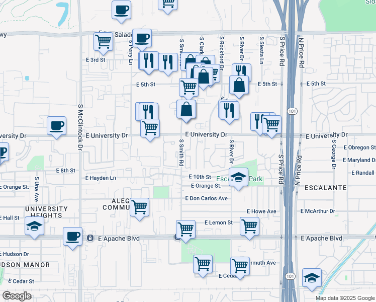 map of restaurants, bars, coffee shops, grocery stores, and more near 2007 East University Drive in Tempe
