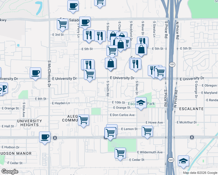 map of restaurants, bars, coffee shops, grocery stores, and more near 2007 East University Drive in Tempe