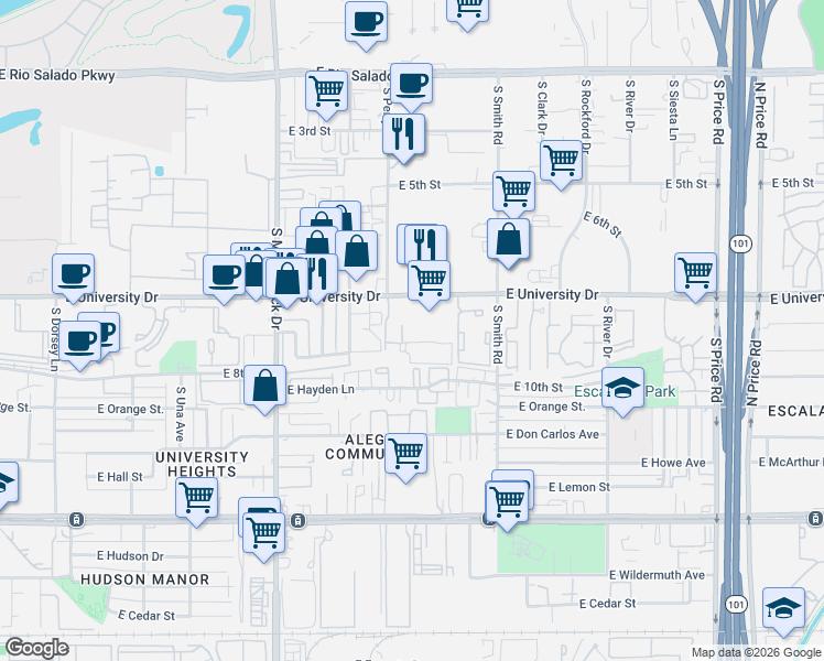 map of restaurants, bars, coffee shops, grocery stores, and more near 1873 East University Drive in Tempe