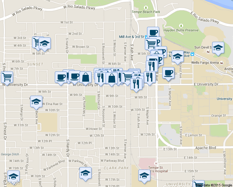 map of restaurants, bars, coffee shops, grocery stores, and more near 403 West University Drive in Tempe