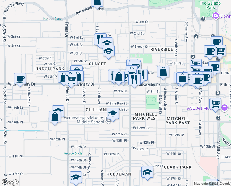 map of restaurants, bars, coffee shops, grocery stores, and more near 1057 West University Drive in Tempe