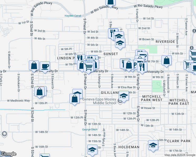 map of restaurants, bars, coffee shops, grocery stores, and more near 1241 West University Drive in Tempe