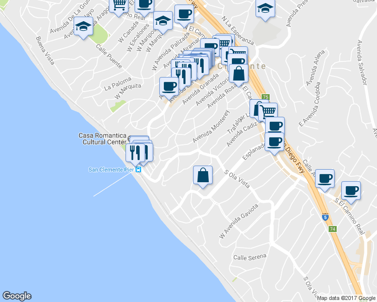 map of restaurants, bars, coffee shops, grocery stores, and more near 307 Avenida Monterey in San Clemente