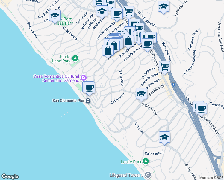 map of restaurants, bars, coffee shops, grocery stores, and more near 307 Avenida Victoria in San Clemente