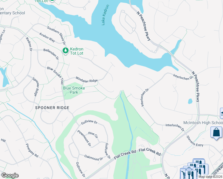 map of restaurants, bars, coffee shops, grocery stores, and more near 413 Henredon Hill in Peachtree City
