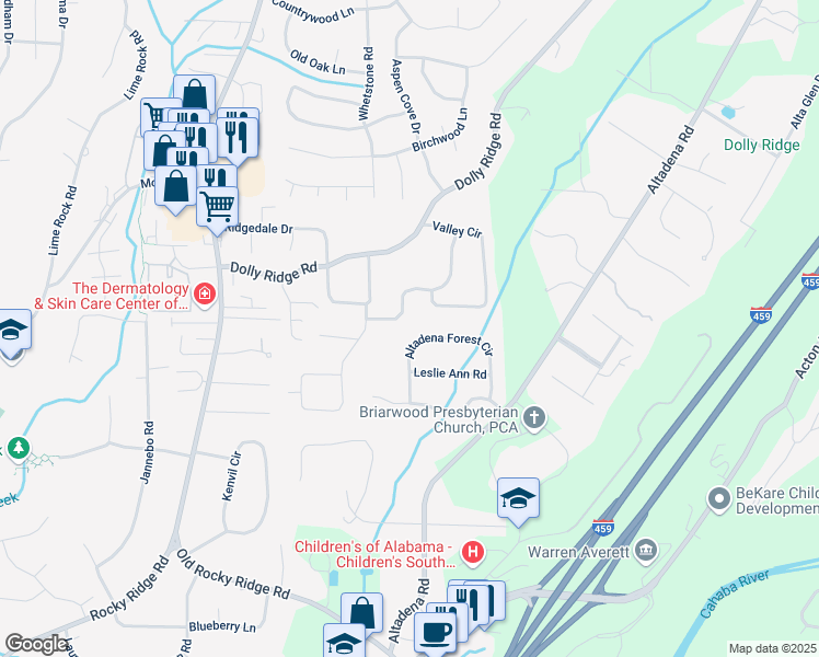map of restaurants, bars, coffee shops, grocery stores, and more near 3579 Valley Circle in Vestavia Hills