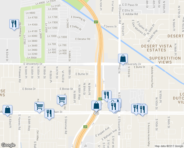 map of restaurants, bars, coffee shops, grocery stores, and more near 8950 Butte Street in Mesa
