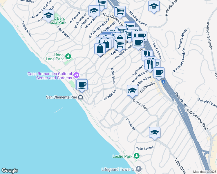 map of restaurants, bars, coffee shops, grocery stores, and more near 314 Avenida Madrid in San Clemente