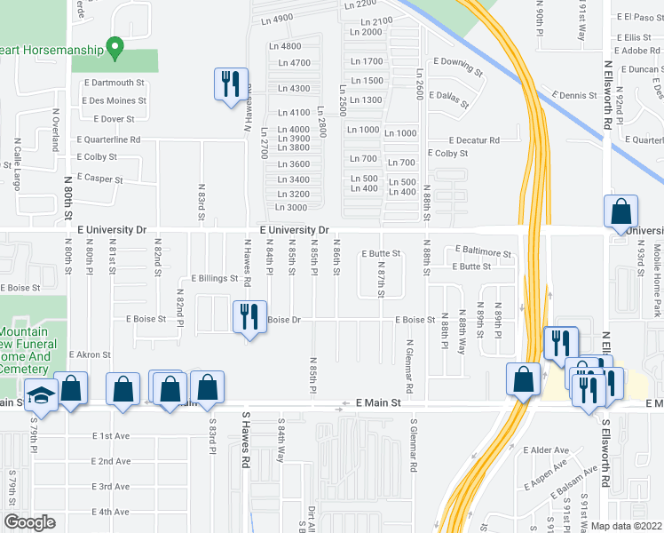 map of restaurants, bars, coffee shops, grocery stores, and more near 310 North 86th Street in Mesa