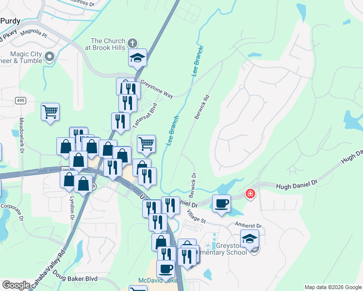 map of restaurants, bars, coffee shops, grocery stores, and more near 1190 Berwick Road in Birmingham