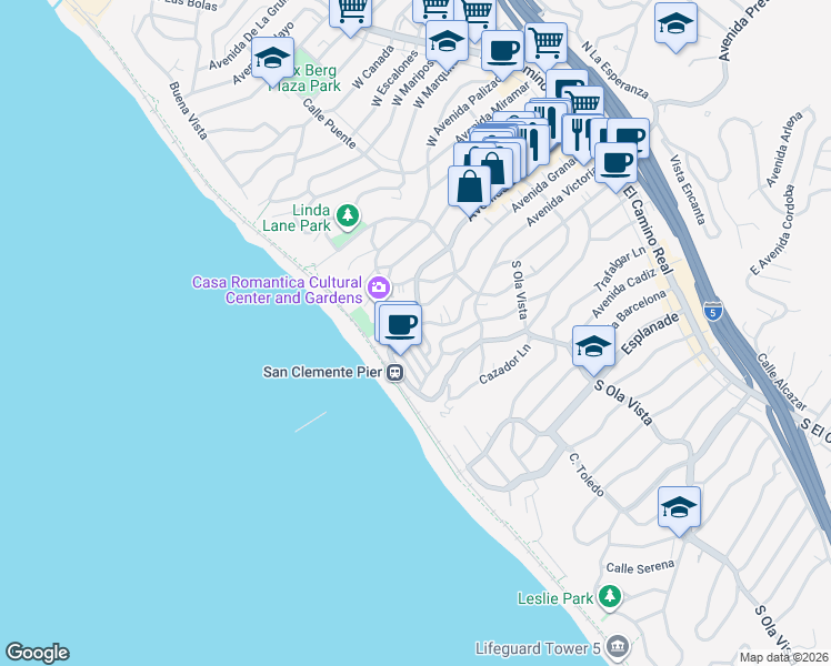 map of restaurants, bars, coffee shops, grocery stores, and more near 405 Avenida Granada in San Clemente