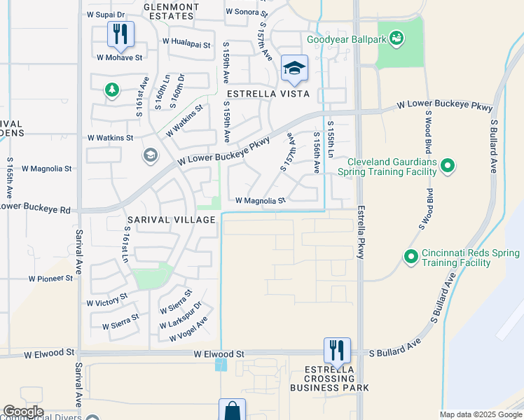 map of restaurants, bars, coffee shops, grocery stores, and more near 15701 West Lower Buckeye Road in Goodyear