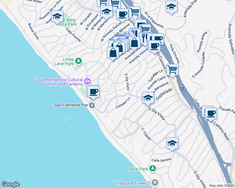 map of restaurants, bars, coffee shops, grocery stores, and more near 405 Avenida Victoria in San Clemente
