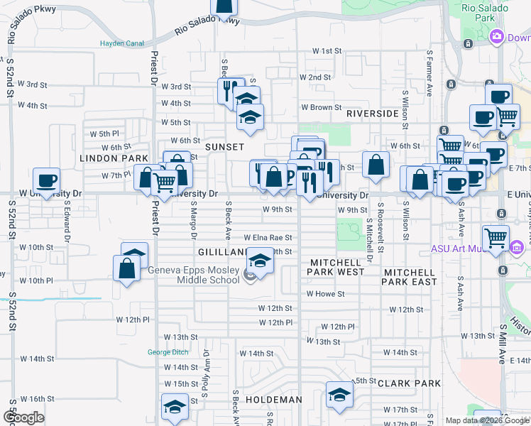 map of restaurants, bars, coffee shops, grocery stores, and more near 1057 West University Drive in Tempe