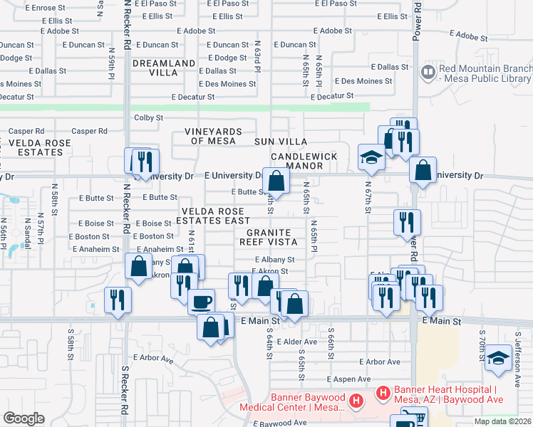 map of restaurants, bars, coffee shops, grocery stores, and more near 319 North 64th Street in Mesa