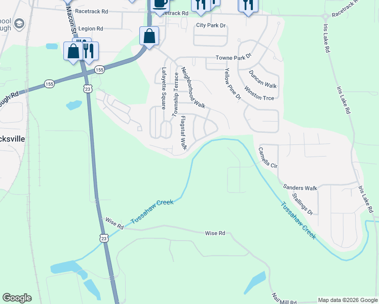 map of restaurants, bars, coffee shops, grocery stores, and more near 5215 Tussahaw Crossing in McDonough