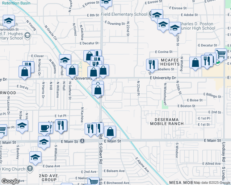 map of restaurants, bars, coffee shops, grocery stores, and more near 21 East University Green Apartment in Mesa