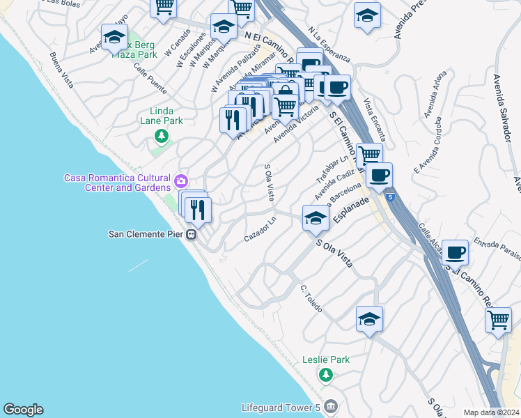 map of restaurants, bars, coffee shops, grocery stores, and more near 312 Avenida Madrid in San Clemente