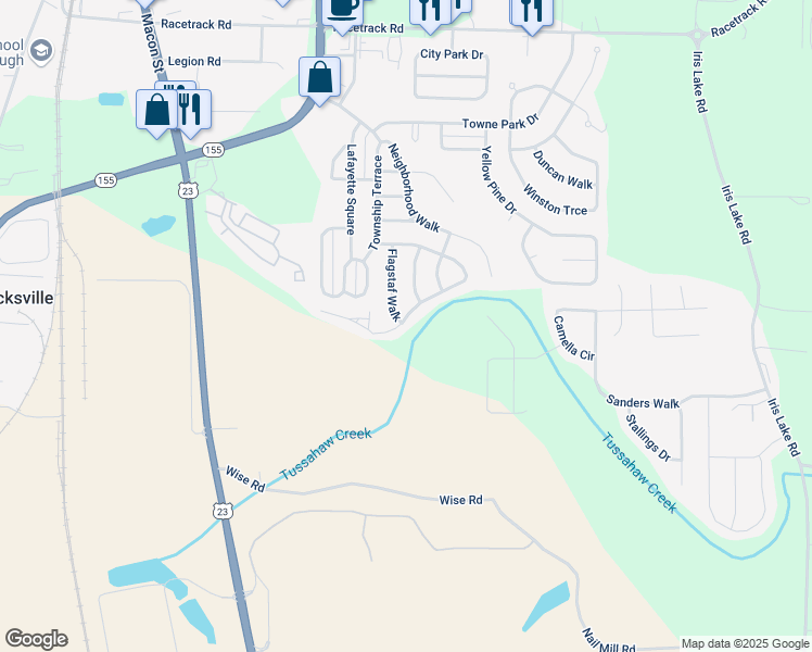 map of restaurants, bars, coffee shops, grocery stores, and more near 5250 Tussahaw Crossing in McDonough