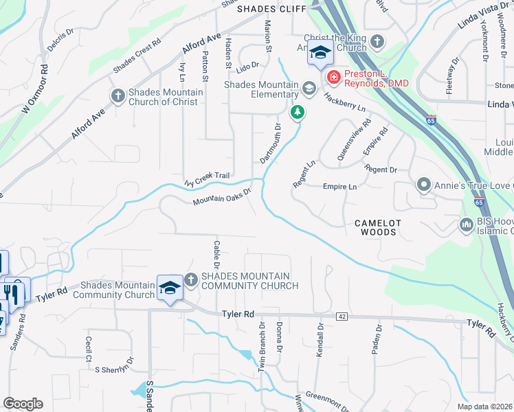 map of restaurants, bars, coffee shops, grocery stores, and more near 2307 Mountain Oaks Circle in Birmingham