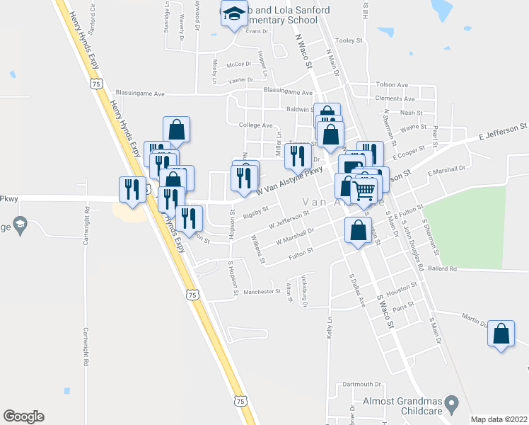 map of restaurants, bars, coffee shops, grocery stores, and more near 440 Rigsby Street in Van Alstyne