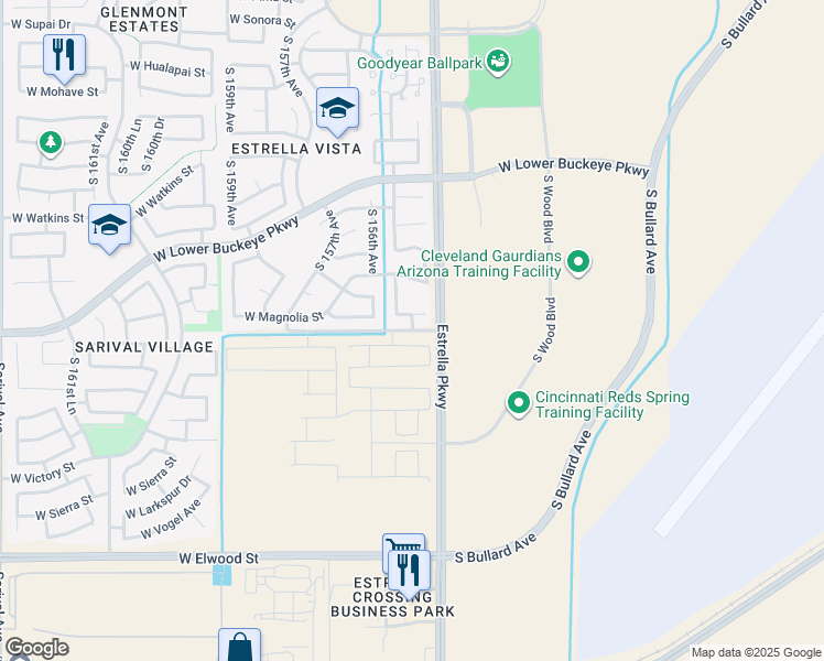 map of restaurants, bars, coffee shops, grocery stores, and more near 15541 West Lower Buckeye Road in Goodyear