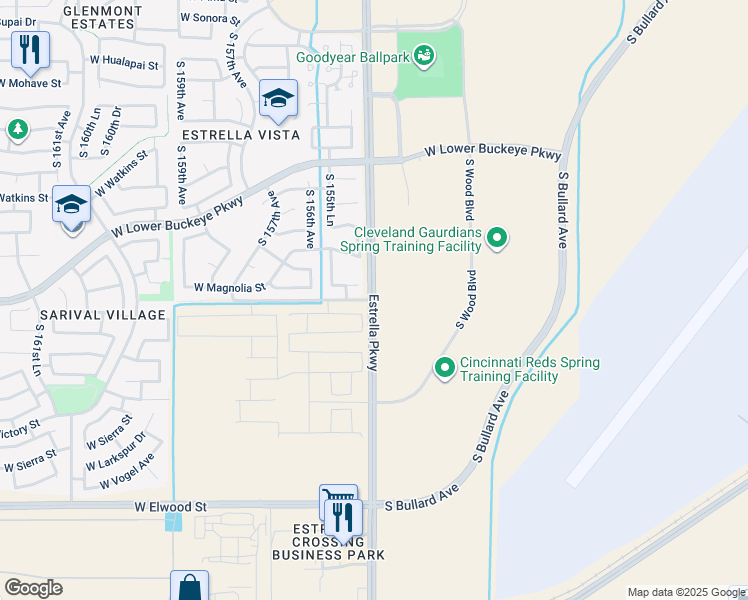 map of restaurants, bars, coffee shops, grocery stores, and more near 2801 Estrella Parkway in Goodyear