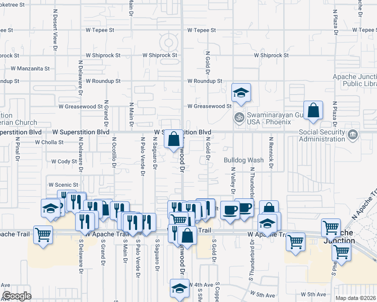 map of restaurants, bars, coffee shops, grocery stores, and more near 1527 West Superstition Boulevard in Apache Junction
