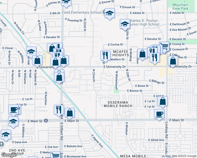 map of restaurants, bars, coffee shops, grocery stores, and more near 2301 East University Drive in Mesa