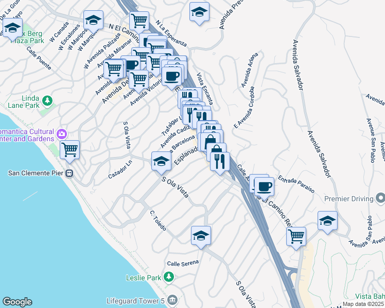 map of restaurants, bars, coffee shops, grocery stores, and more near 102 Esplanade in San Clemente